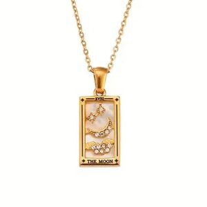 The Moon Tarot Card Pendant Necklace 18K Gold Enamel Rectangle Stainless…